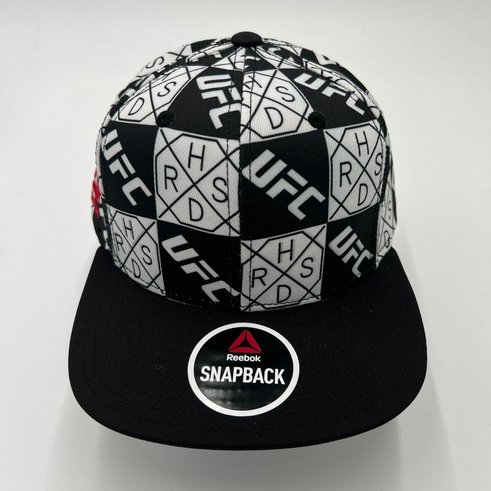 Reebok UFC Snapback Hat Mens Black White Geometric‎ Monogram Flat Brim Cap NEW